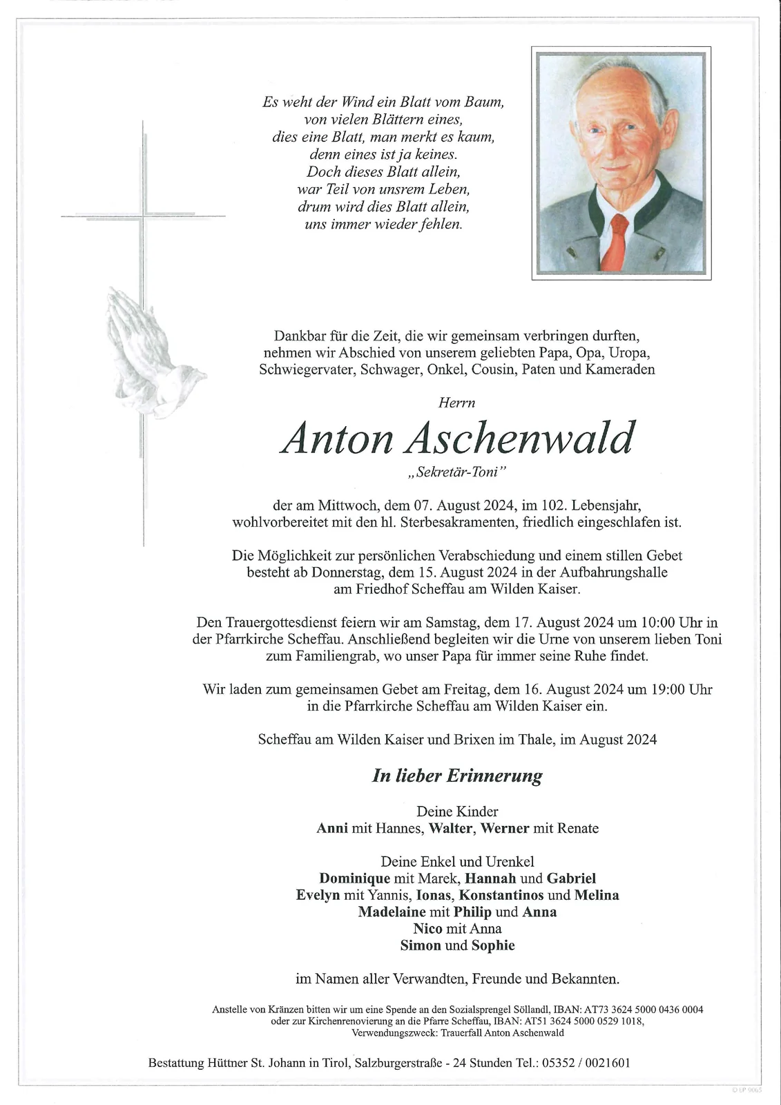 Beerdigung von Anton Aschenwald